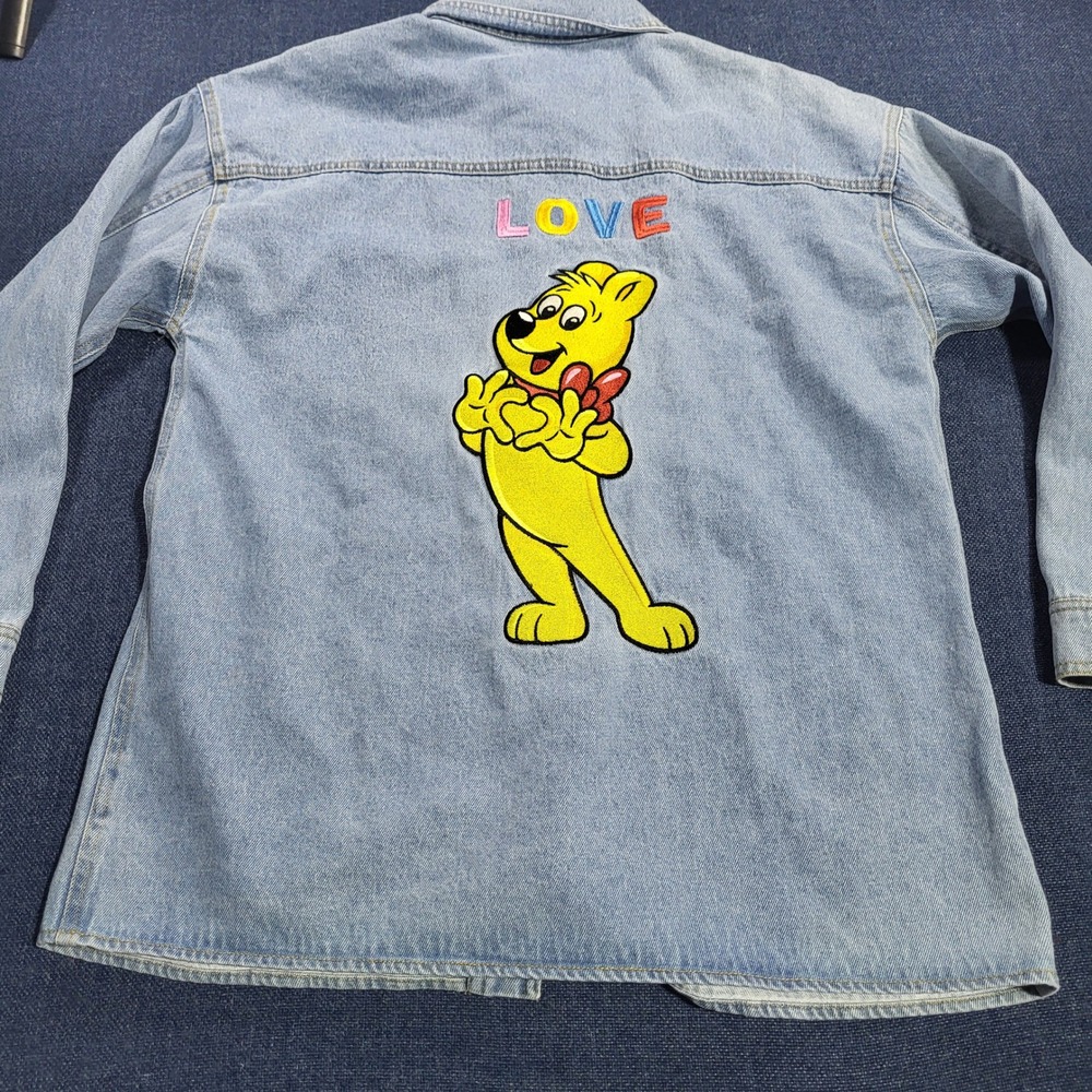 Haribo JCPenney Denim Shirt Embroidered Bear Graphic Long Sleeve Button Up Sz M - Picture 12 of 13